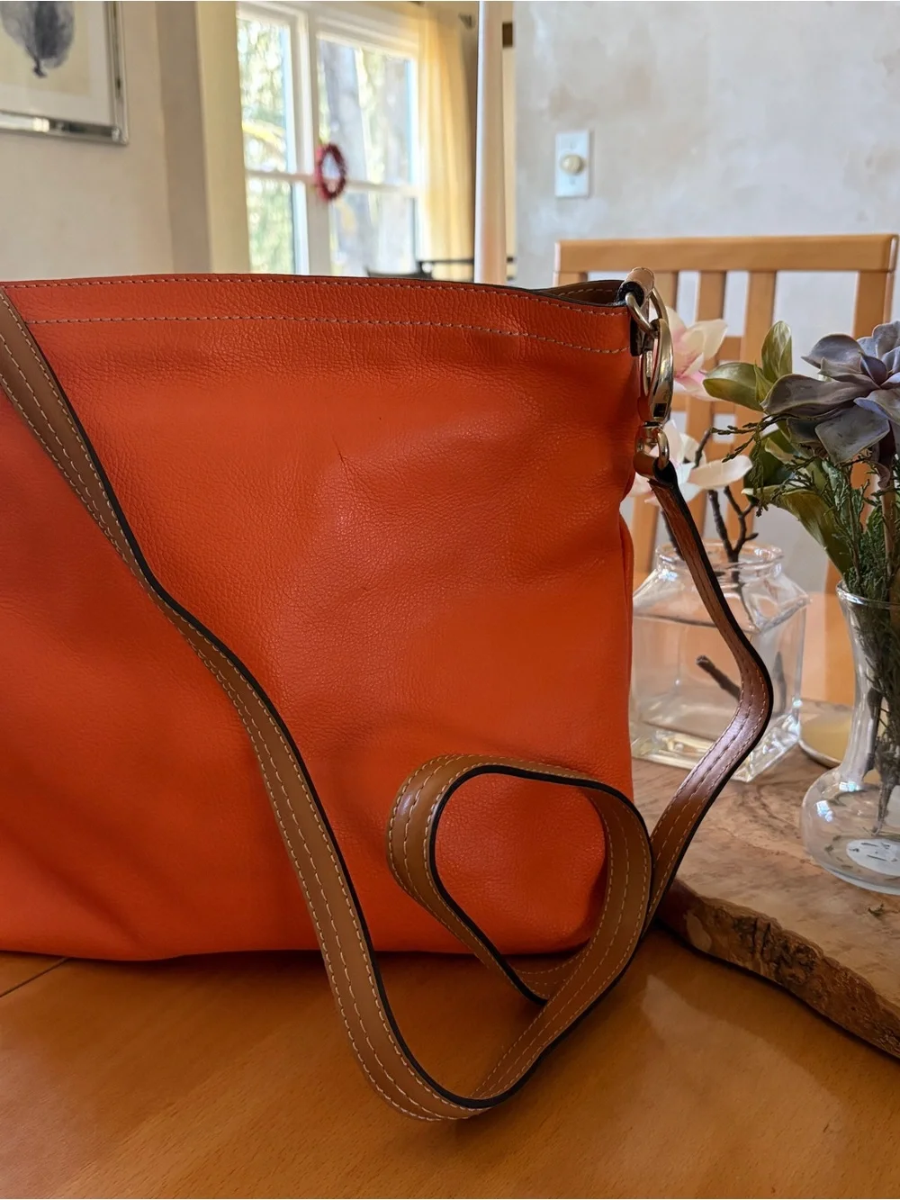 Dimoni Orange Leather Crossbody Bag with Tan Strap